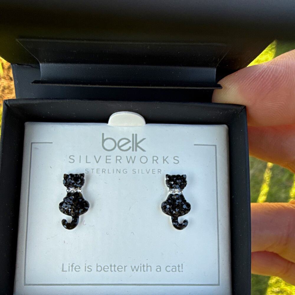 Belk Silverworks 925 Sterling Silver Cat Stud Earrings Black Crystal NEW